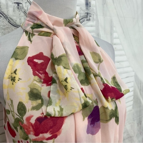 Ralph Lauren Size 10 Pink Floral Chiffon Sleeveless Dress Ties Neck Fit & Flare - Picture 11 of 12